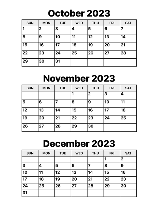 October november and december calendar â calendar options