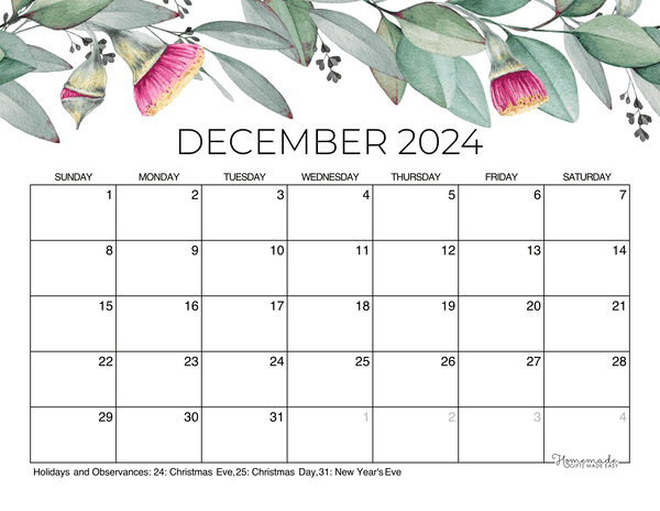 December calendar free printable with holidays