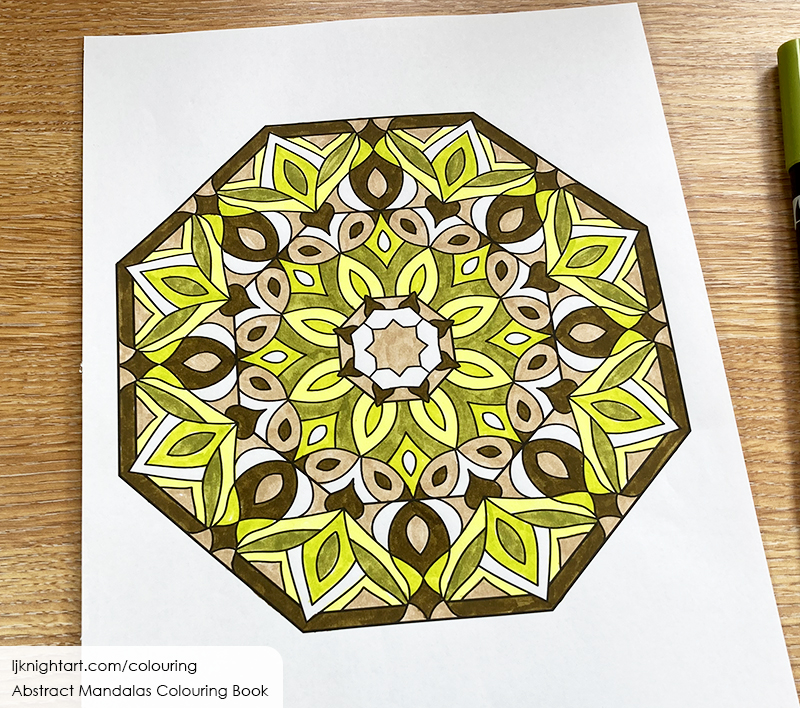 Brown and green octagon mandala colouring page lj knight art