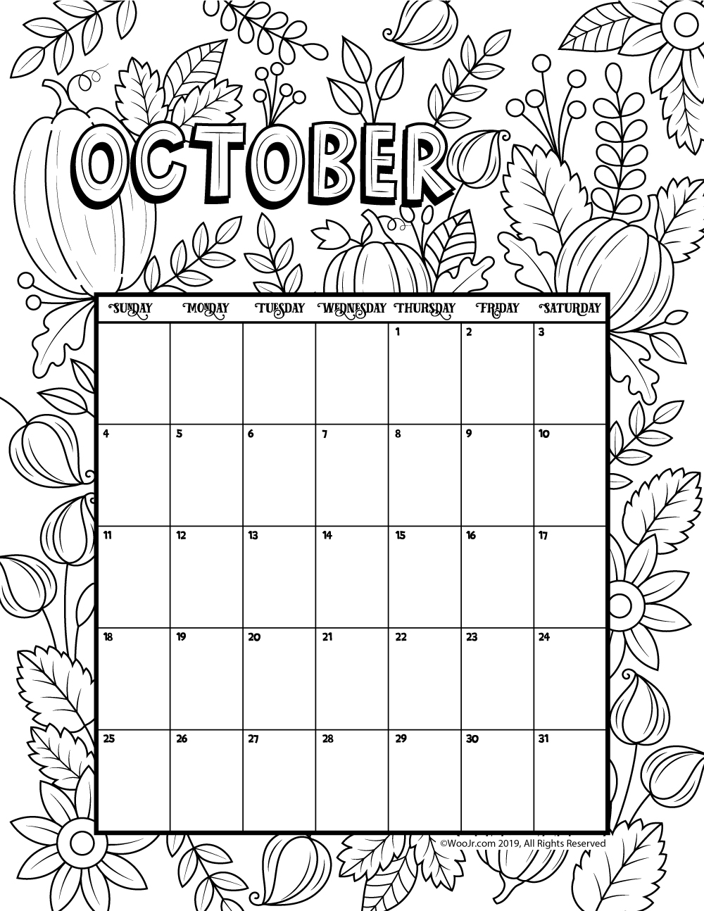 October coloring calendar woo jr kids activities coloring calendar calendar printables calendar pages