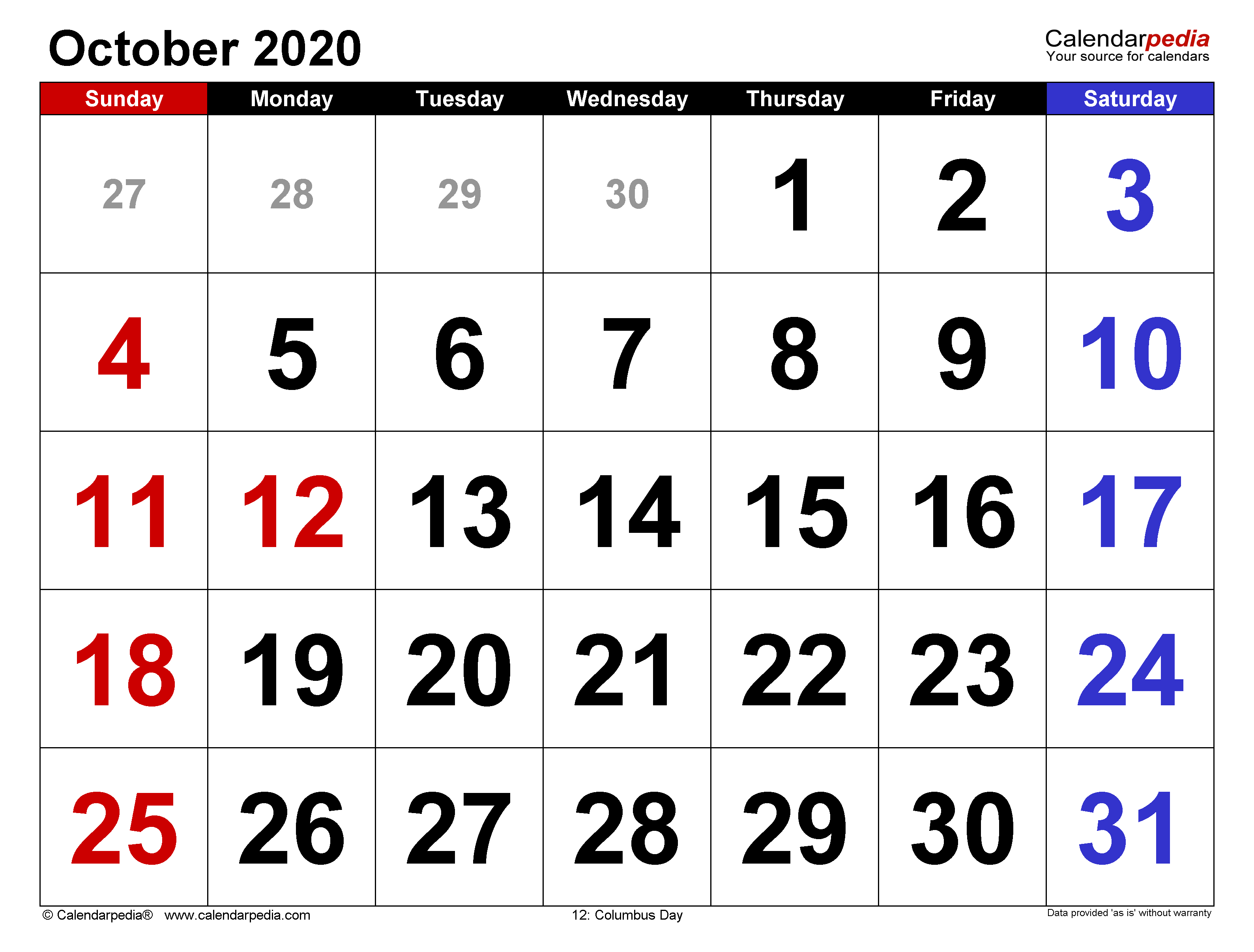 October calendar templates for word excel and pdf