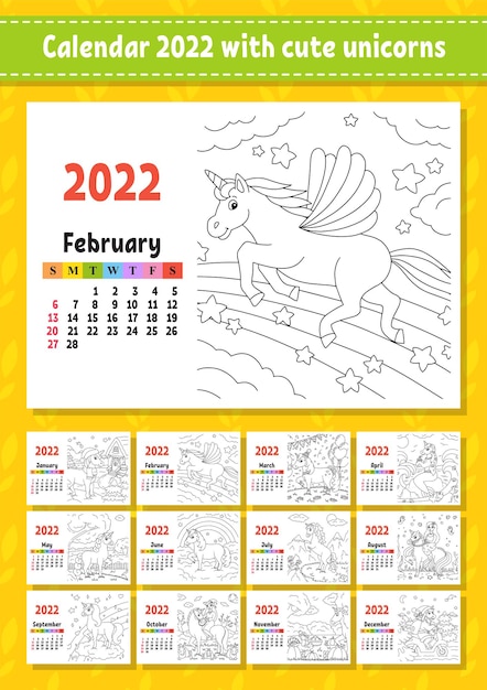 Premium vector calendar for with a cute character fairy unicorn coloring page