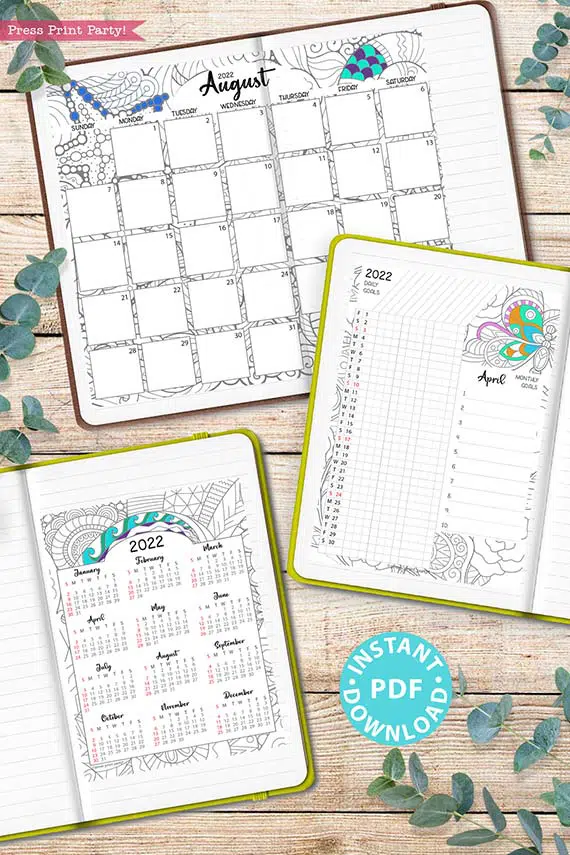 Calendar printable set adult coloring