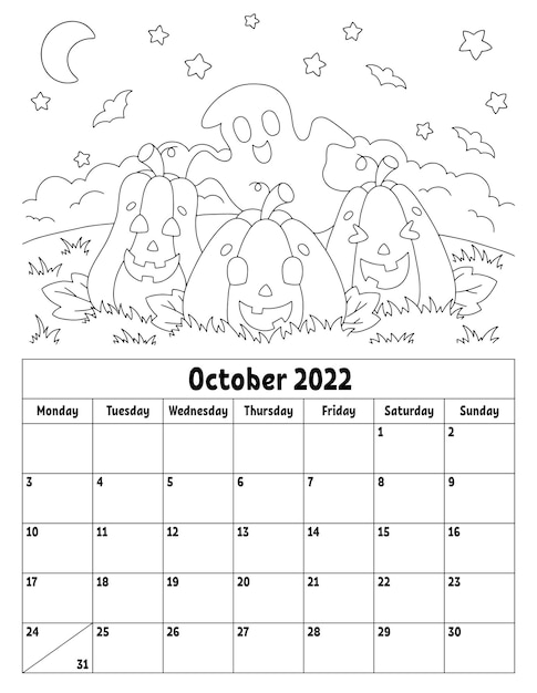 Premium vector vertical calendar for with a cute character coloring page for kids week starts on monday isolated vector illustration cartoon style