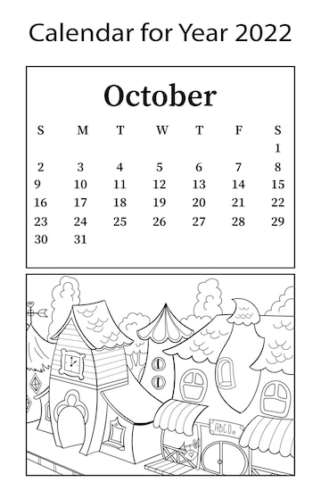 Premium vector calendar for month of october vector coloring book children houses for gnomes city street