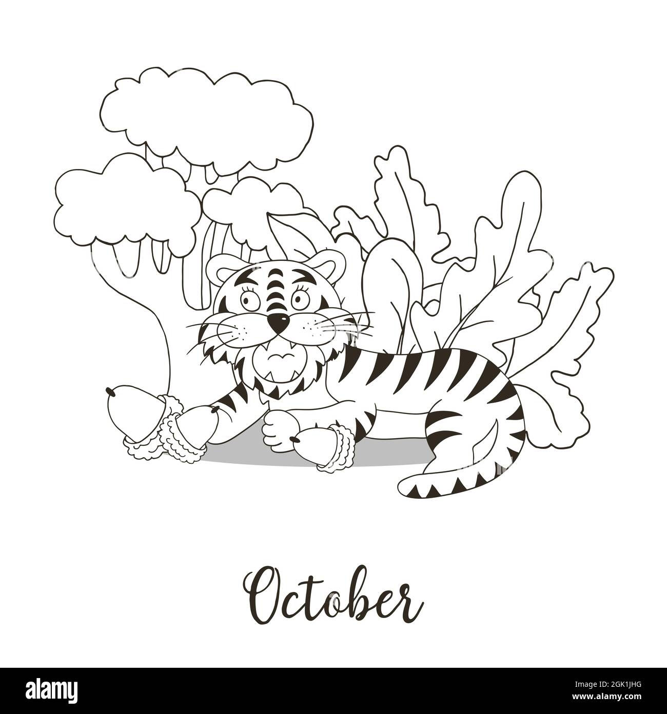 Year symbol for calendar decoration october new year of the tiger according to the chinese calendar coloring illustration in hand draw st stock vector image art