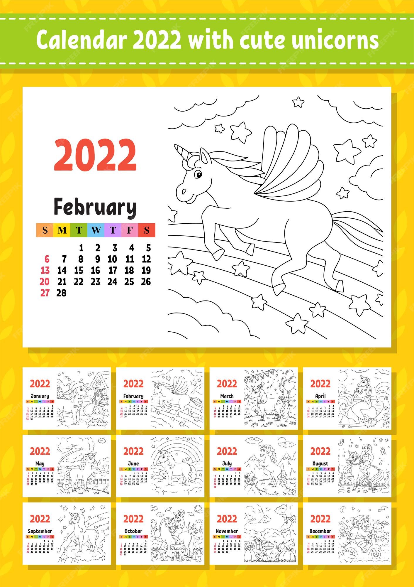 Premium vector calendar for with a cute character fairy unicorn coloring page