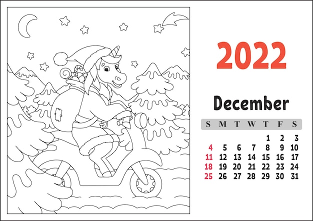 Premium vector calendar for with a cute character fairy unicorn coloring page