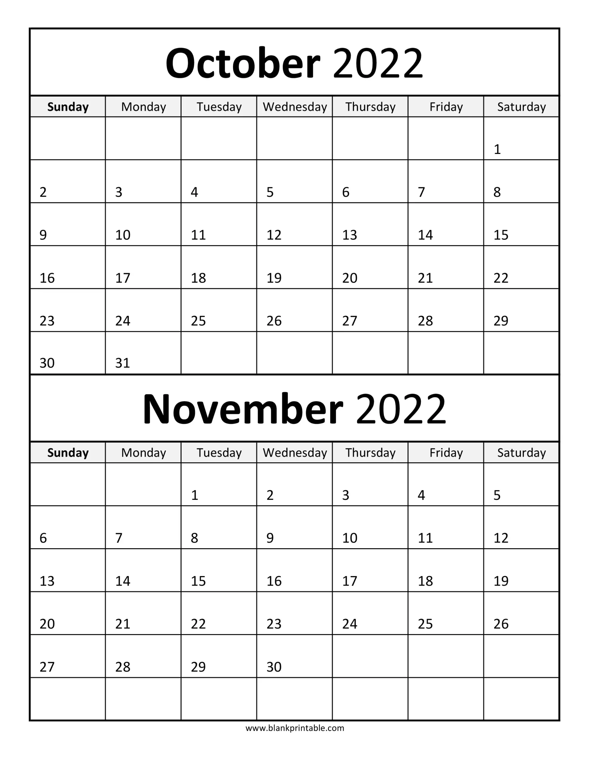 October november calendar with notes