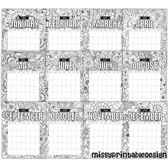 Printable floral coloring calendar printable calendar instant digital download diy printable coloring page