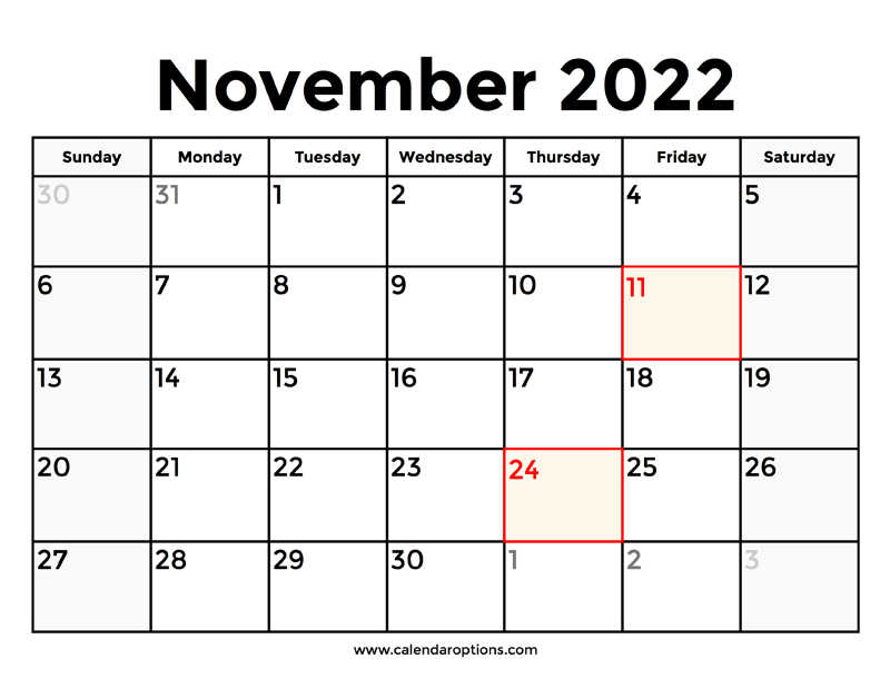 November calendar with holidays â calendar options