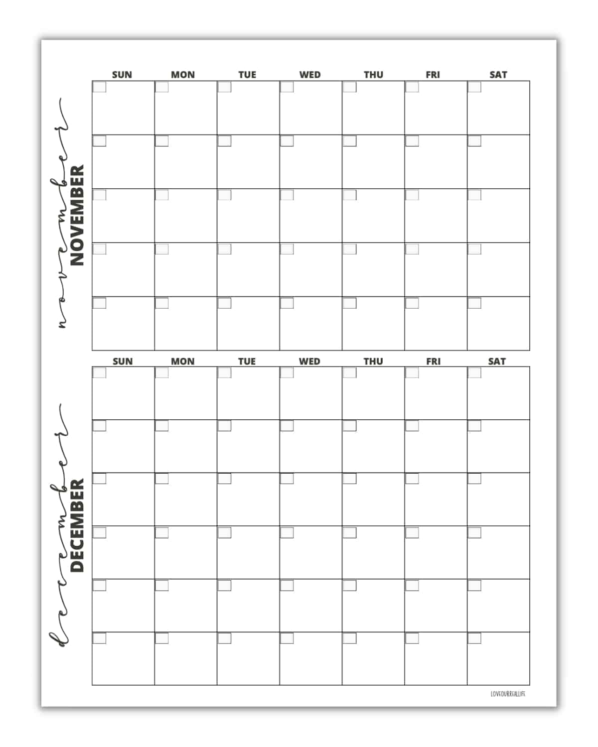 Free printable november december calendar templates â love our real life