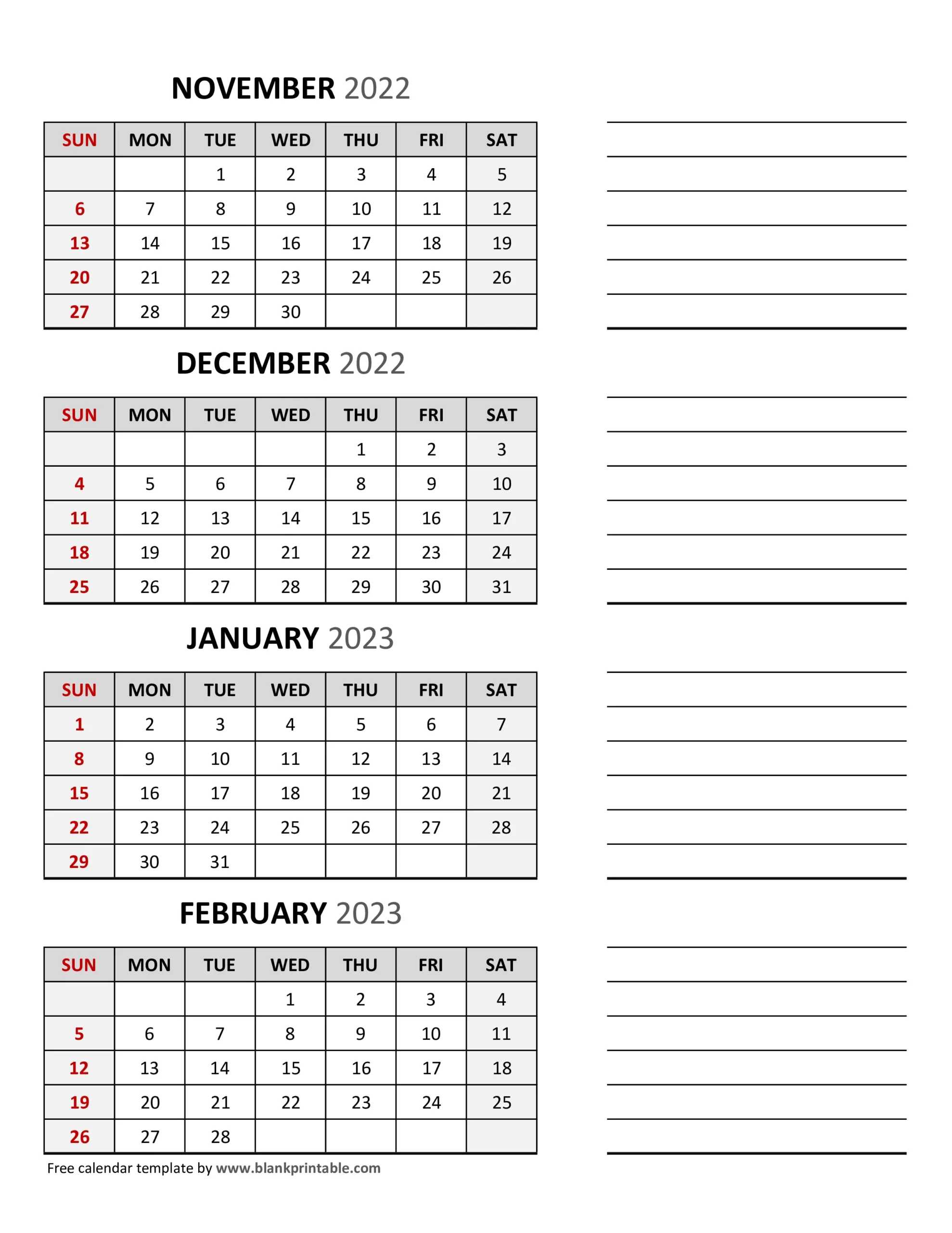 November to february calendar pdf