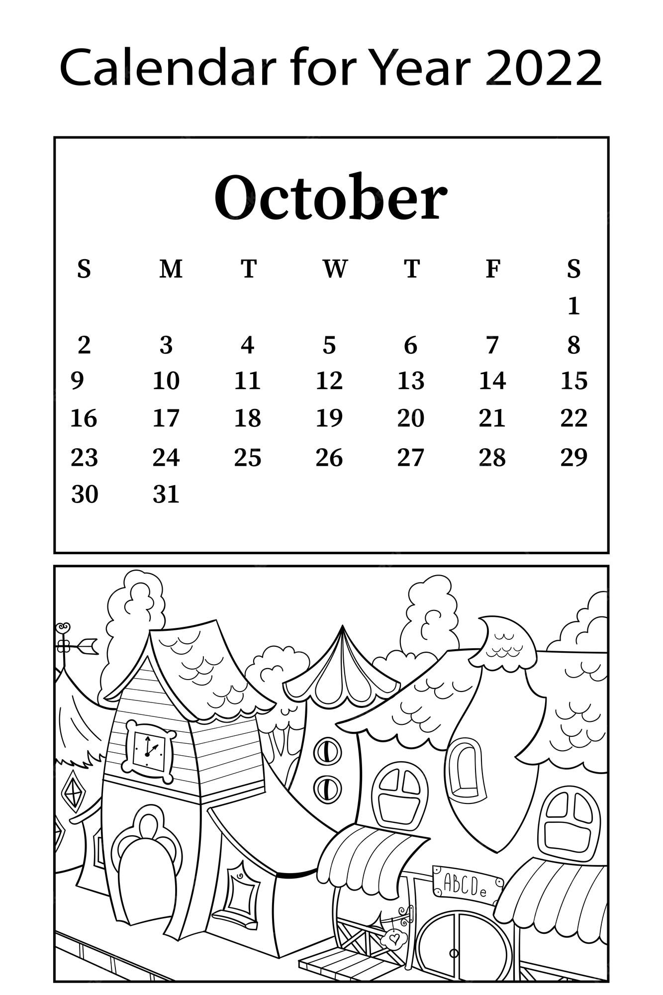 Premium vector calendar for month of october vector coloring book children houses for gnomes city street