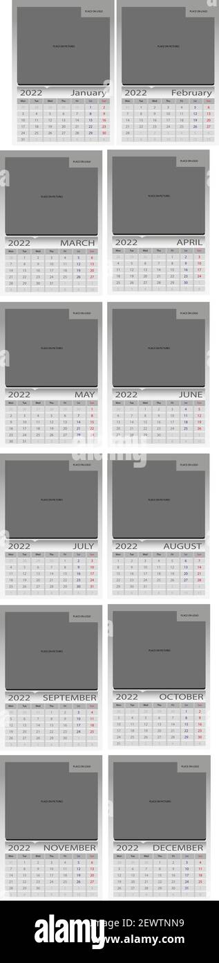 Calendar for twelve months each on one page beginning of the week from monday monochrome grayscale stock vector image art