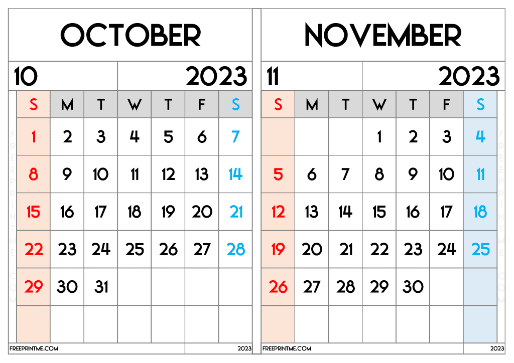 Free october november calendar printable two month variety formats