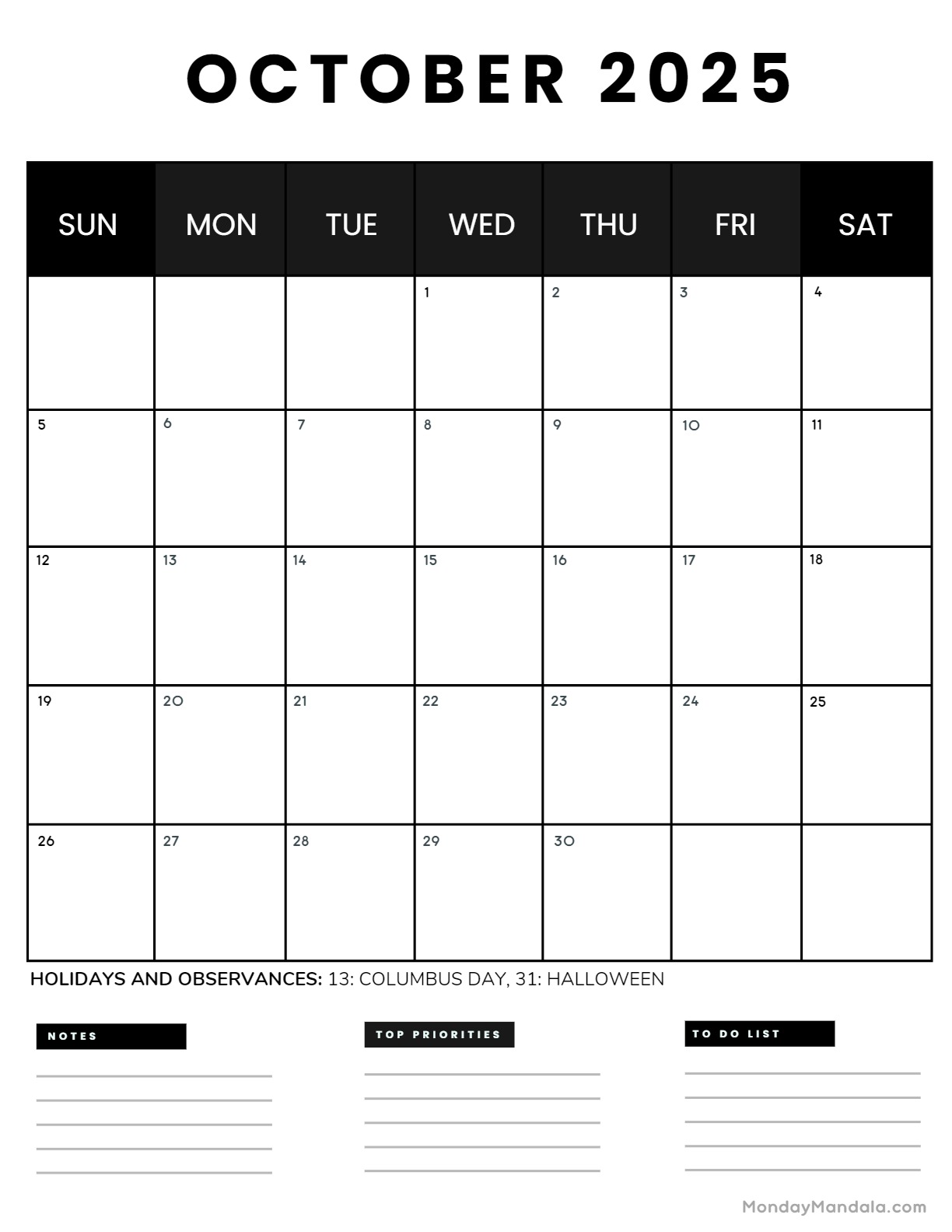 October calendar free pdf printables