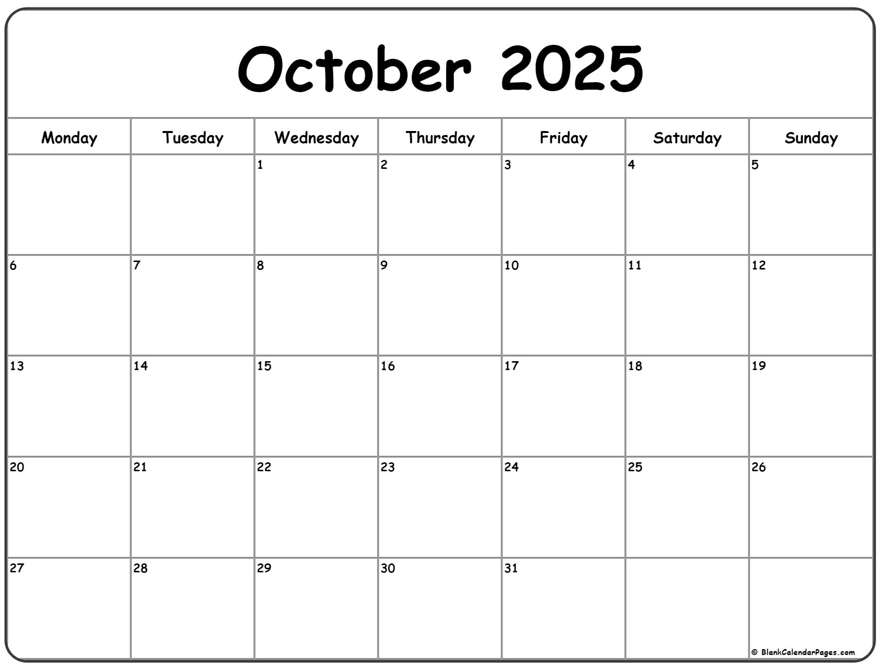 October monday calendar monday to sunday