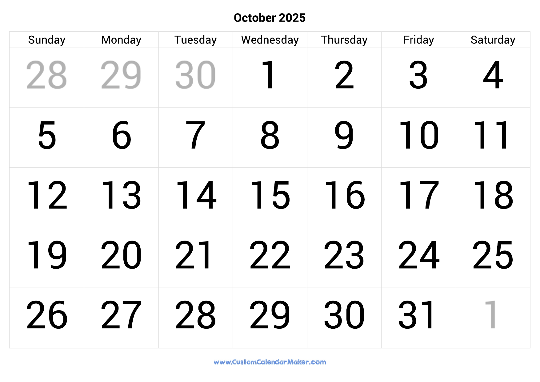 October calendar printable with large numbers
