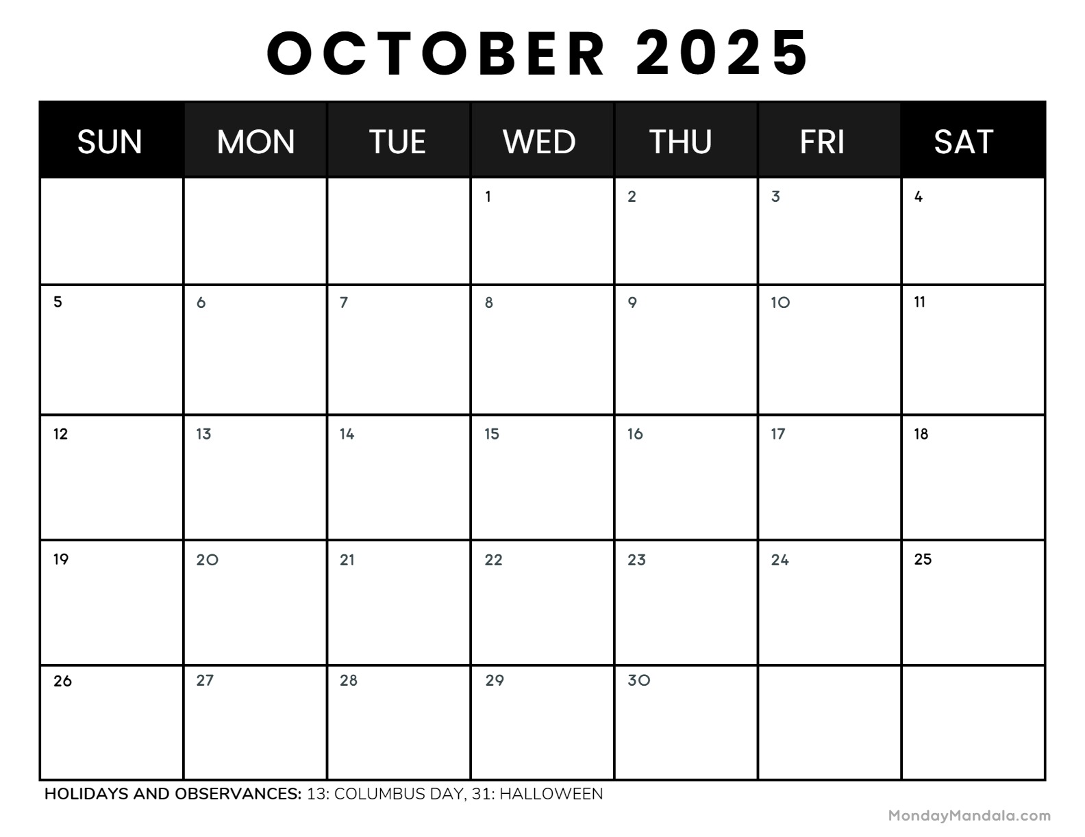 October calendar free pdf printables