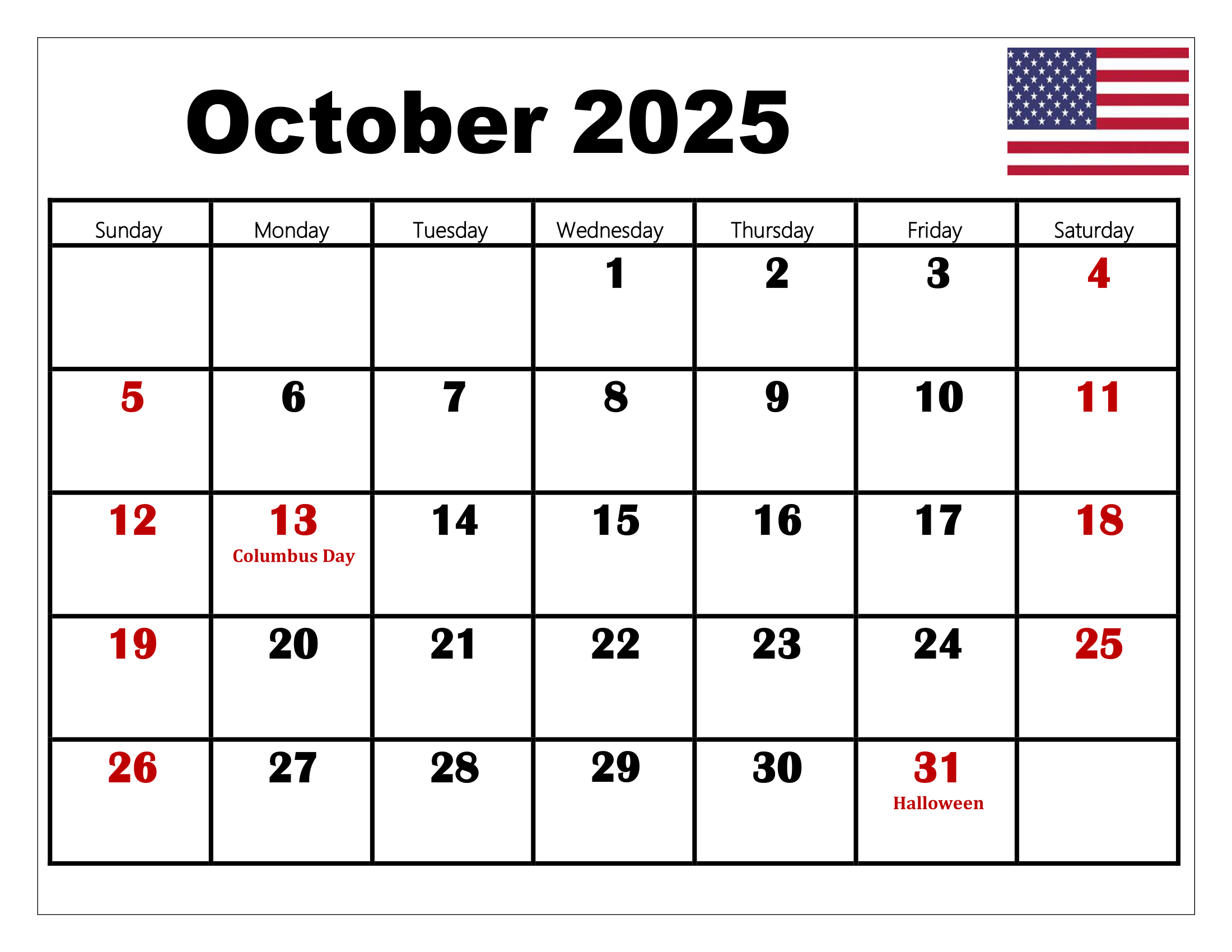 October calendar printable pdf template with holidays