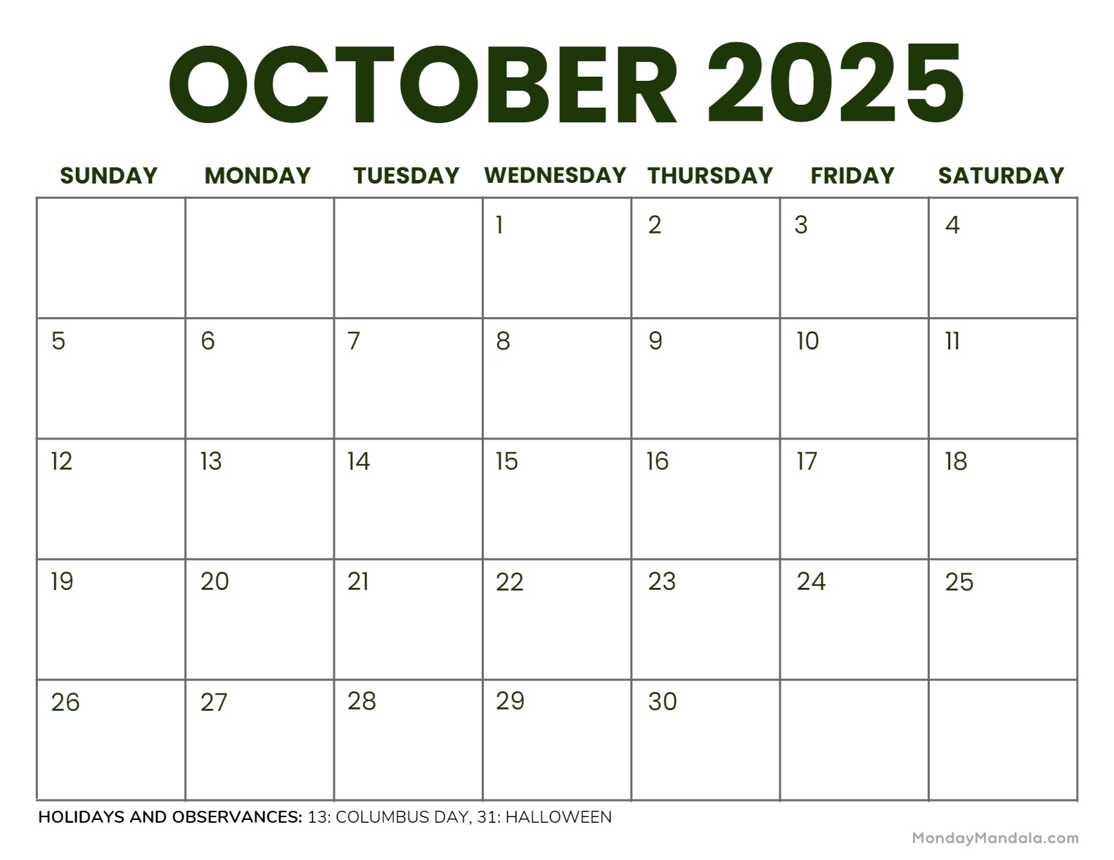 October calendar free pdf printables