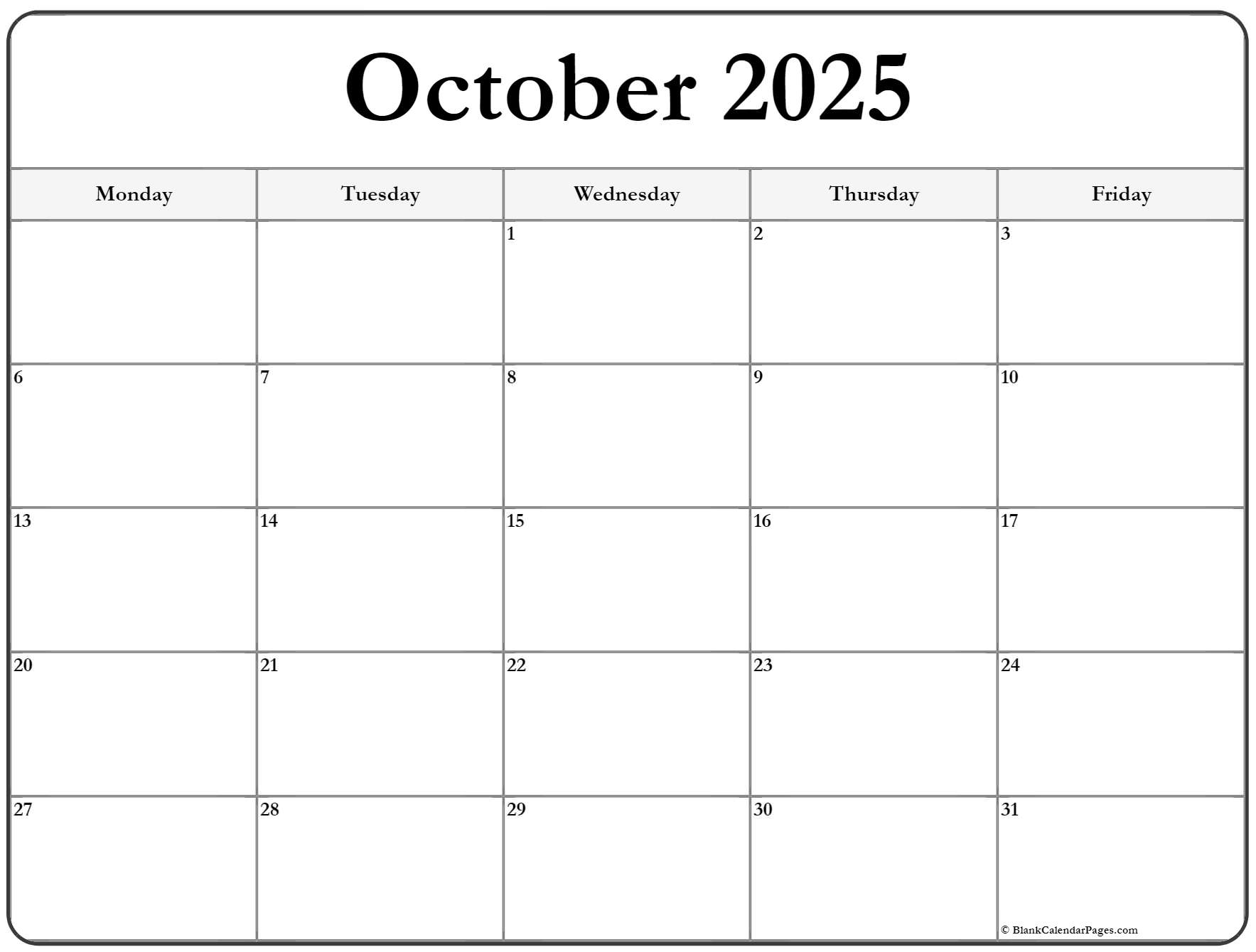 October monday calendar monday to sunday