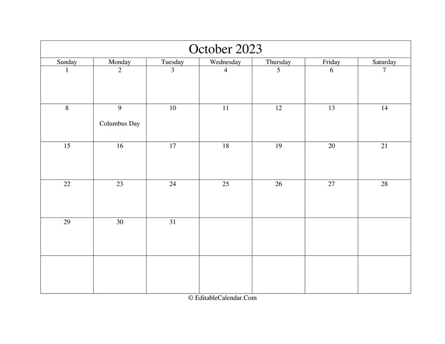 October printable calendar with holidays