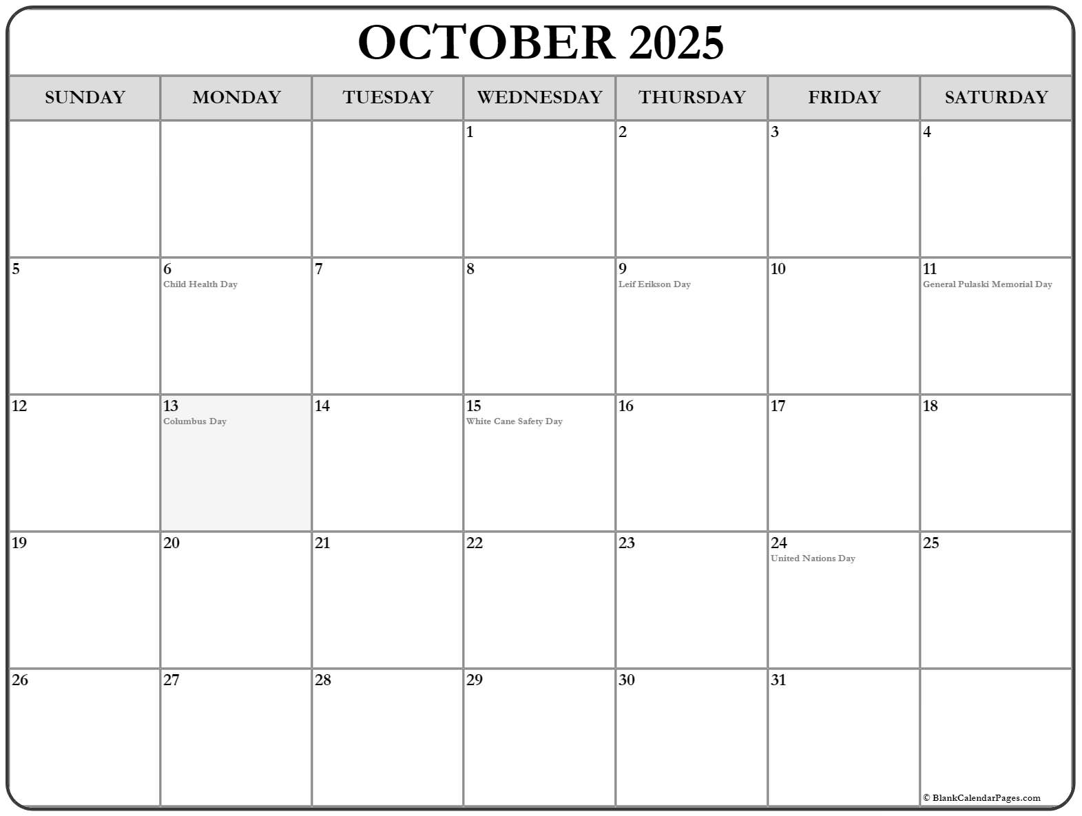 October with holidays calendar