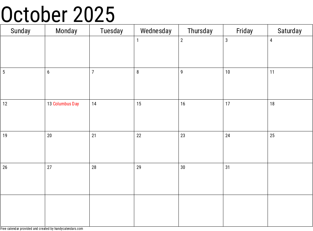 October calendar with holidays