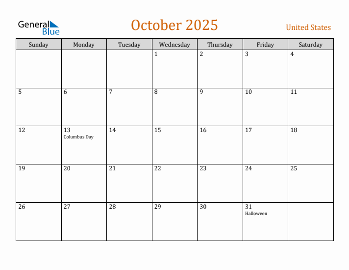 October monthly calendar with united states holidays