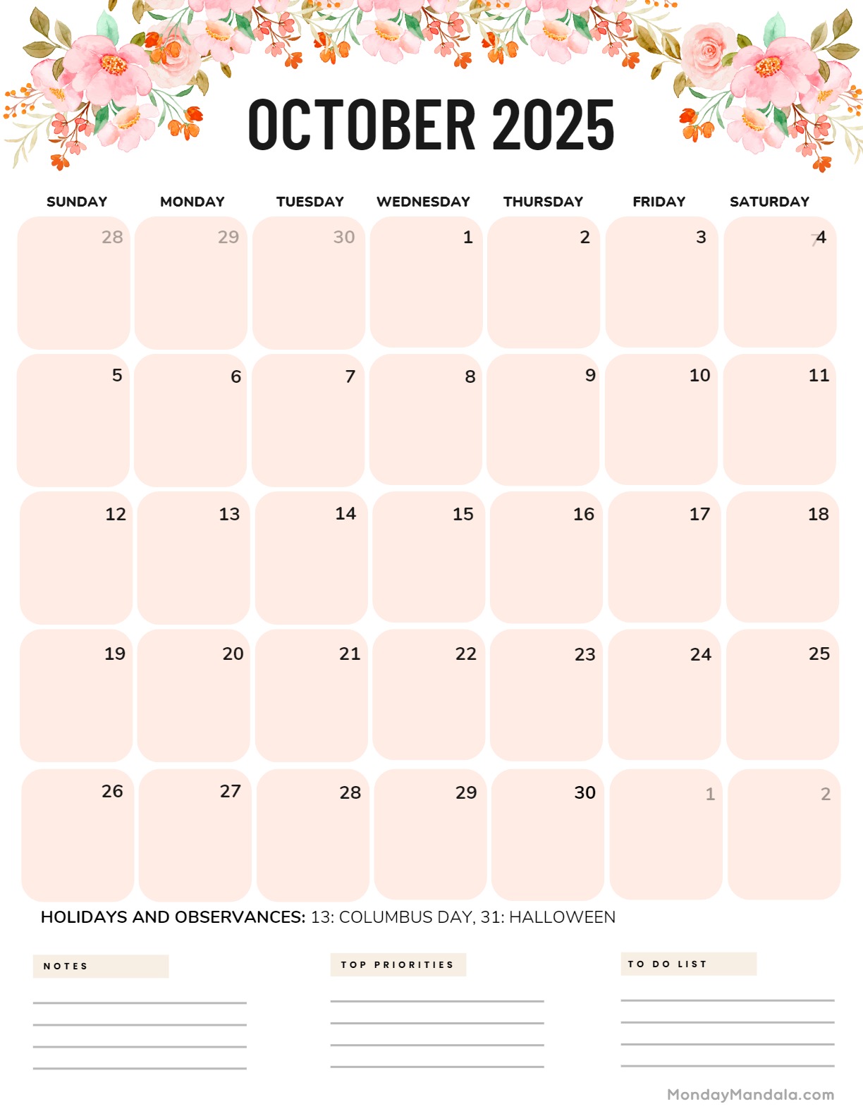 October calendar free pdf printables