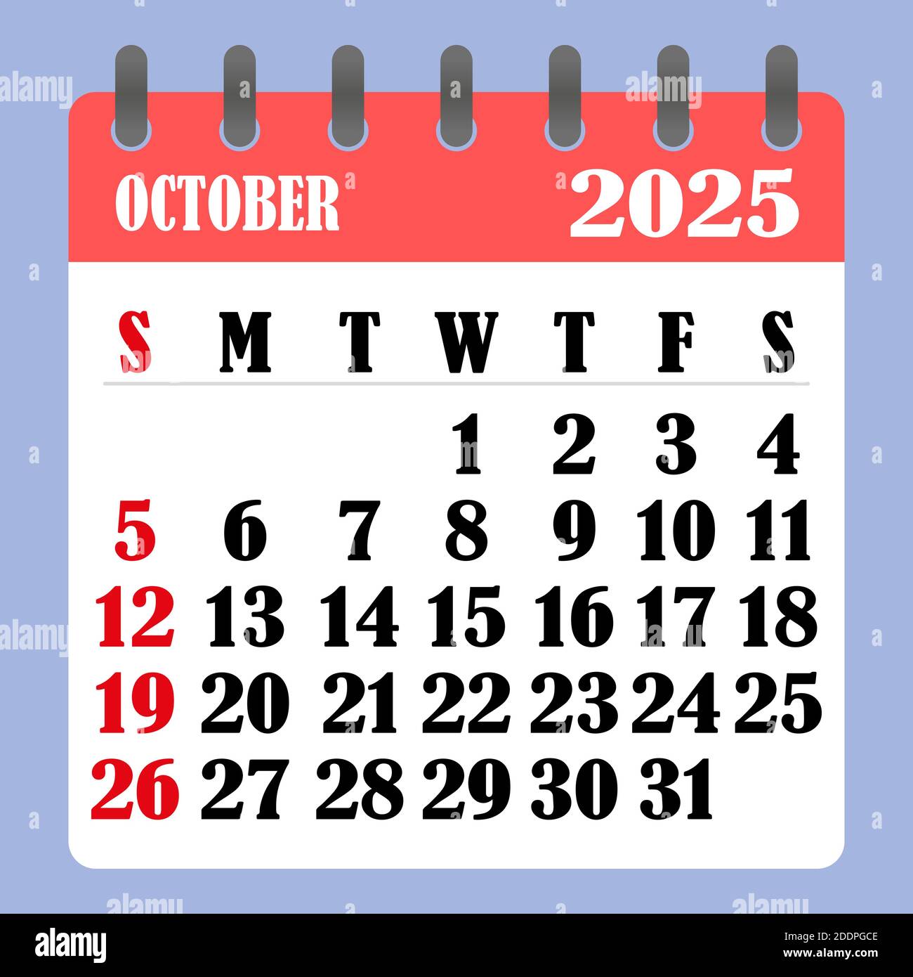 Letter calendar for october the week begins on sunday time planning and schedule concept flat design removable calendar for the month vecto stock vector image art