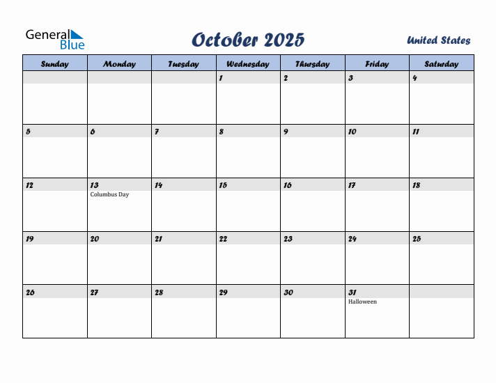 October monthly calendar with united states holidays