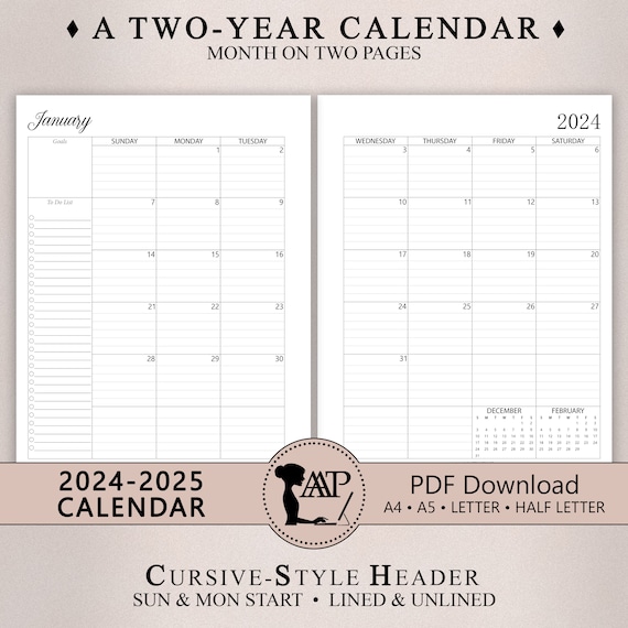 Monthly calendar printable two page lined unlined planner insert sunday monday start a a letter half size pdf clp