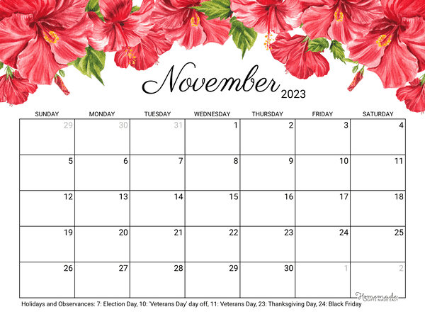 November calendar free printable with holidays