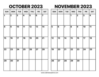 October and november calendar â calendar options