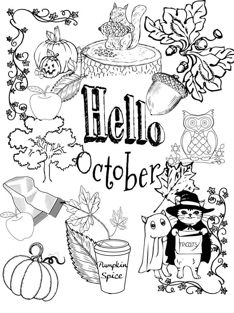 Hello october halloween coloring page