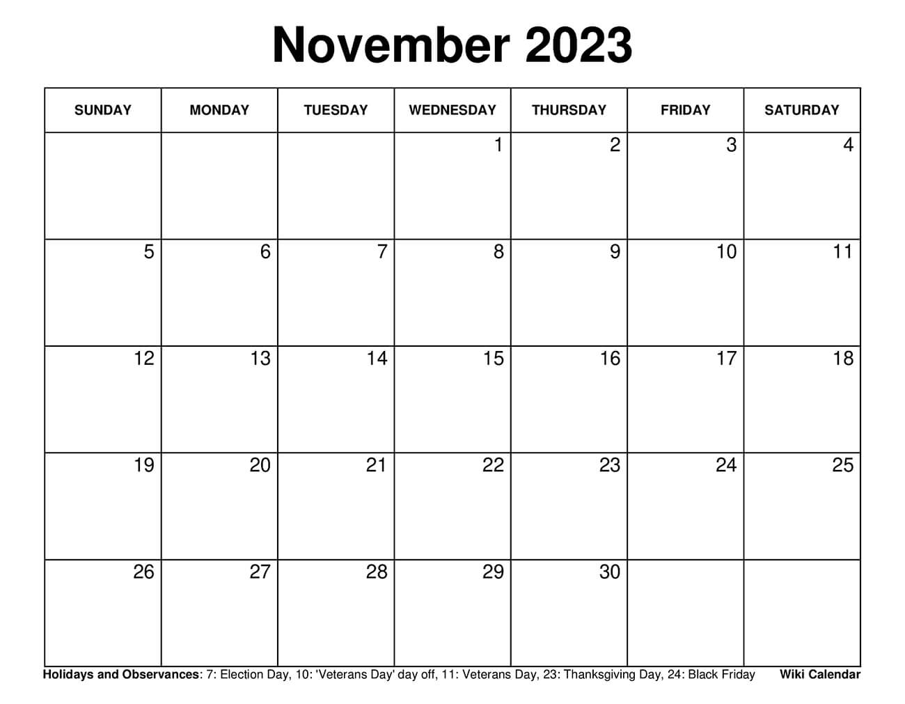 Printable november calendar templates with holidays