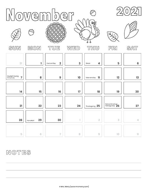 Free printable coloring calendar mrs merry