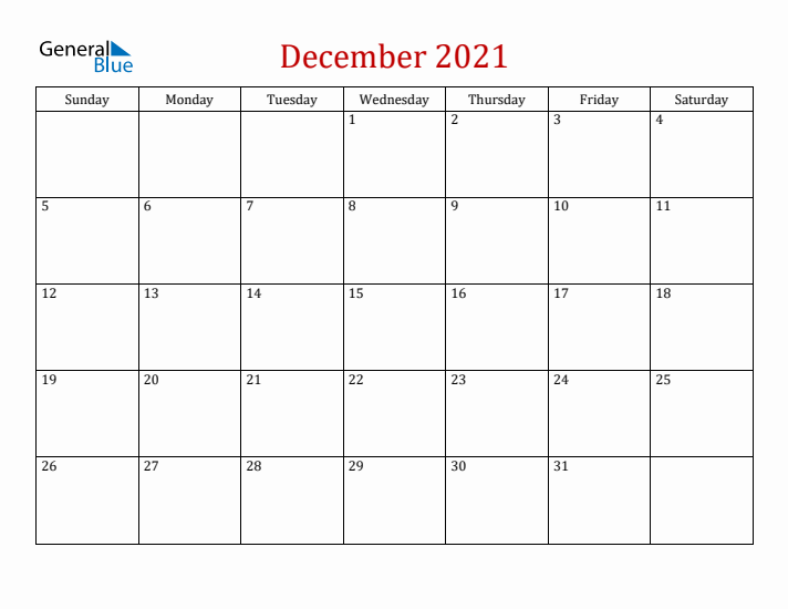 December simple calendar with sunday start