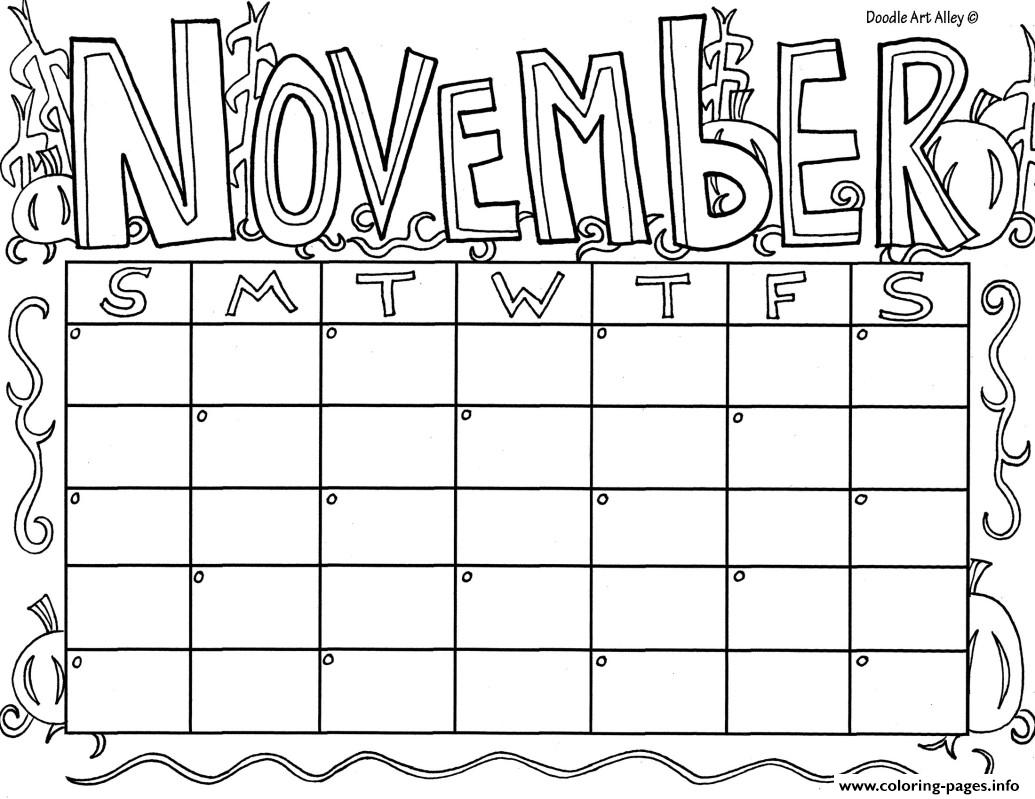 November calendar coloring page printable