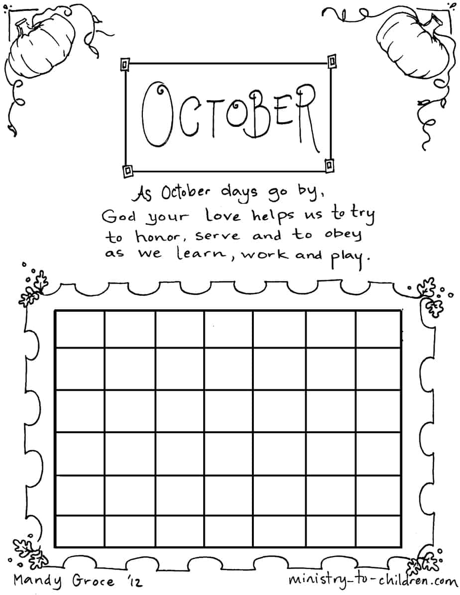 October coloring sheet calendar for kids