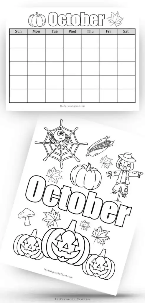 Free october coloring page and calendar for kids