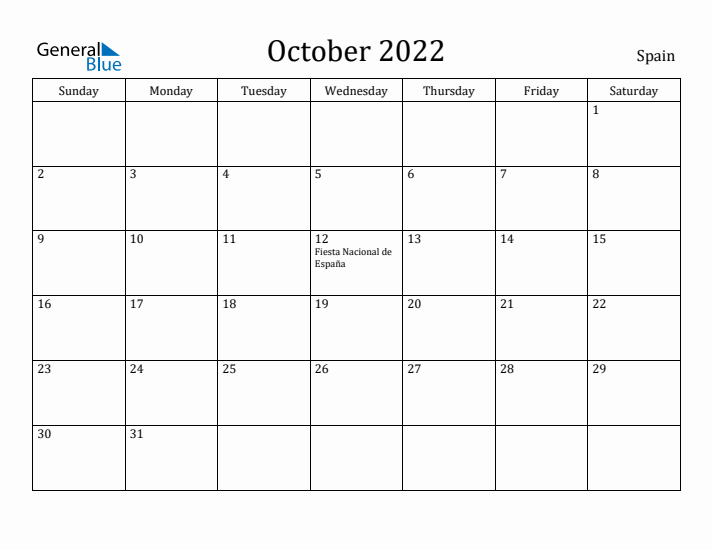 October monthly calendar with spain holidays