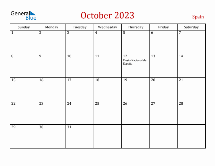 October monthly calendar with spain holidays