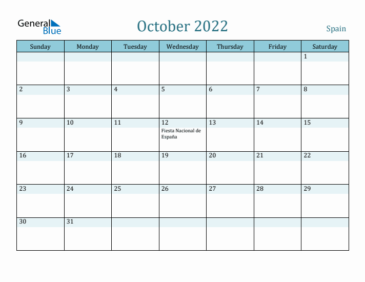 October monthly calendar with spain holidays