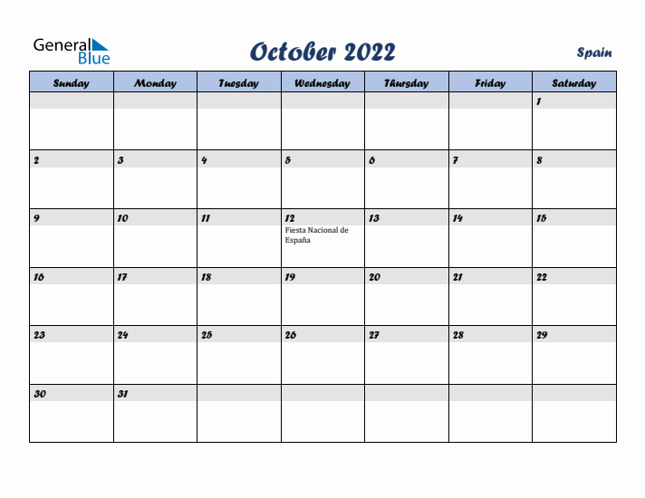 October monthly calendar with spain holidays