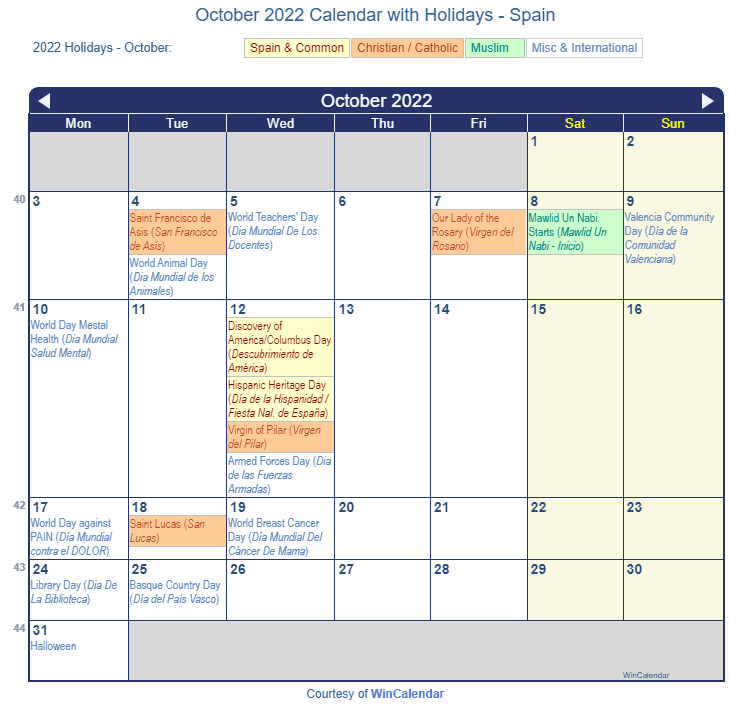 Print friendly october spain calendar for printing