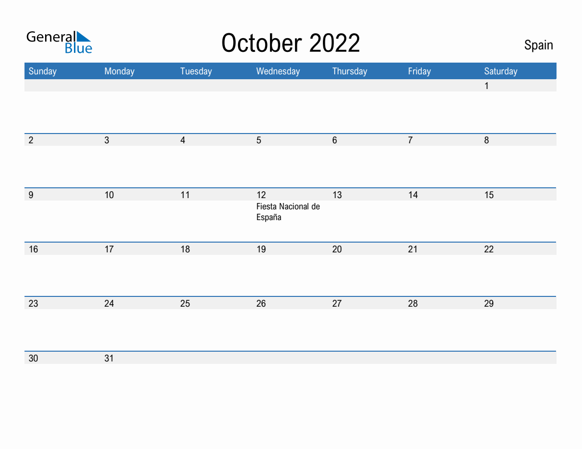 October monthly calendar with spain holidays